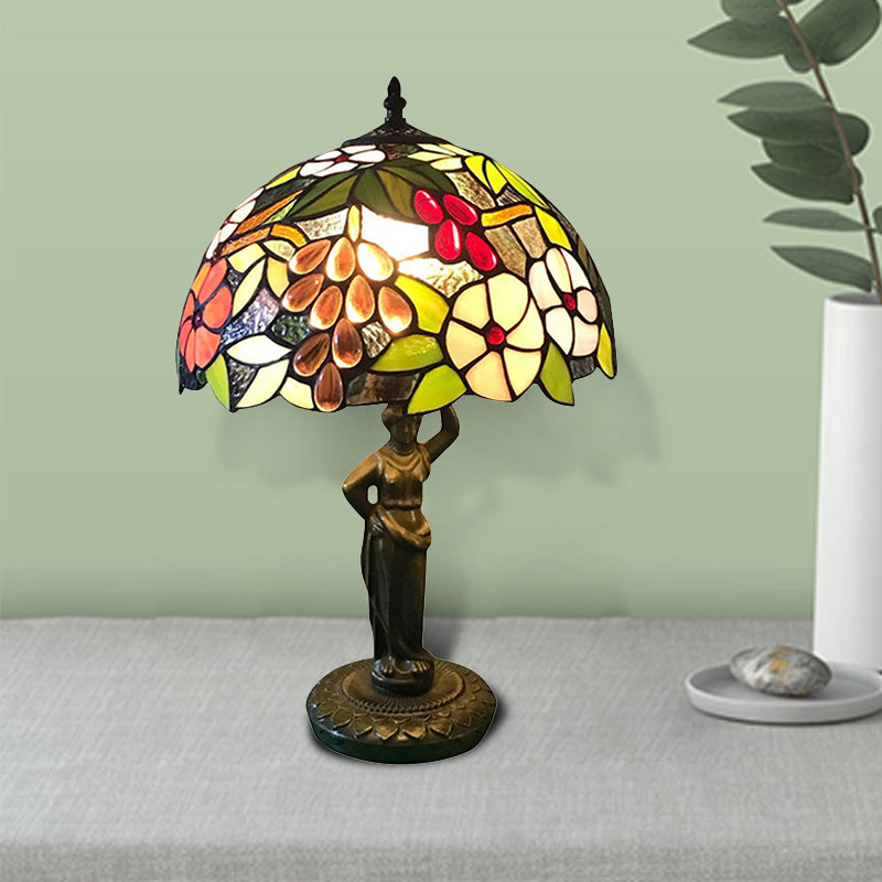 Bird/Grape/Flower Pattern Desk Light with Working Women Base 1 Head Tiffany Rustic Stained Glass Desk Lamp for Bedroom Antique Bronze Grape Clearhalo 'Lamps' 'Table Lamps' Lighting' 178804