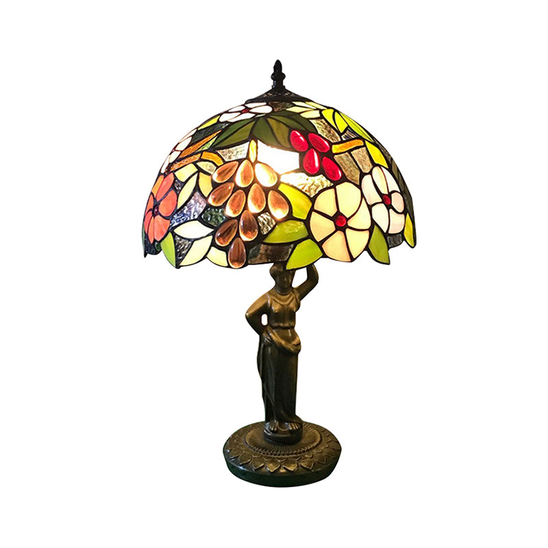 Bird/Grape/Flower Pattern Desk Light with Working Women Base 1 Head Tiffany Rustic Stained Glass Desk Lamp for Bedroom Clearhalo 'Lamps' 'Table Lamps' Lighting' 178806