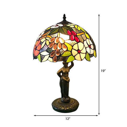 Bird/Grape/Flower Pattern Desk Light with Working Women Base 1 Head Tiffany Rustic Stained Glass Desk Lamp for Bedroom Clearhalo 'Lamps' 'Table Lamps' Lighting' 178807