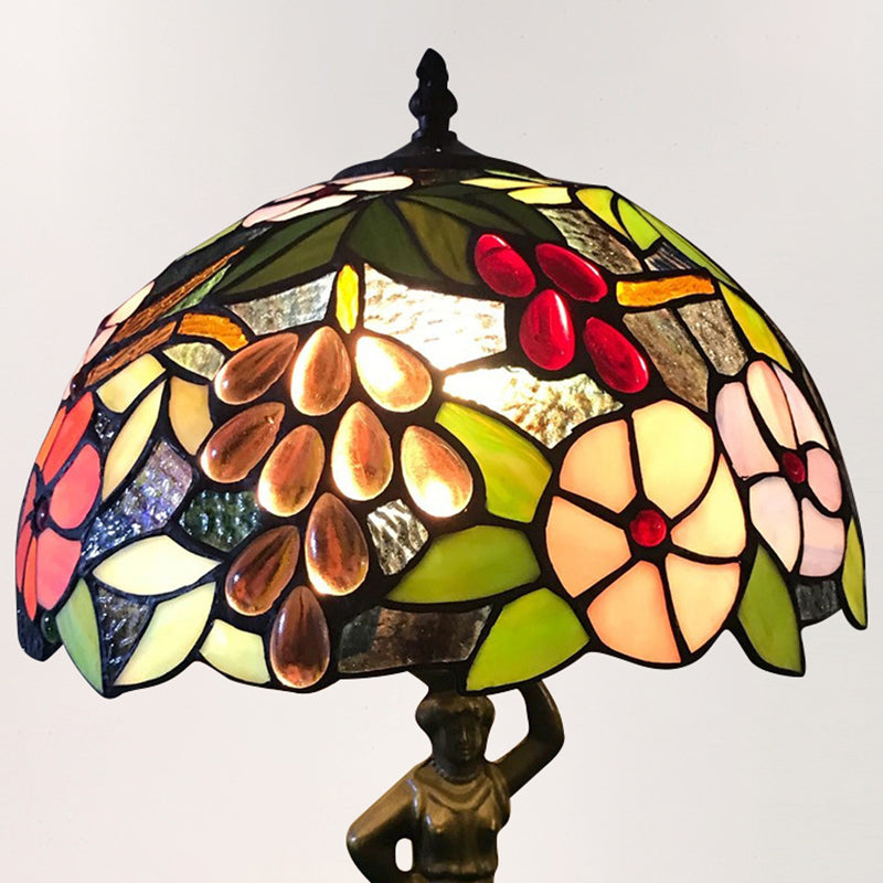 Bird/Grape/Flower Pattern Desk Light with Working Women Base 1 Head Tiffany Rustic Stained Glass Desk Lamp for Bedroom Clearhalo 'Lamps' 'Table Lamps' Lighting' 178808