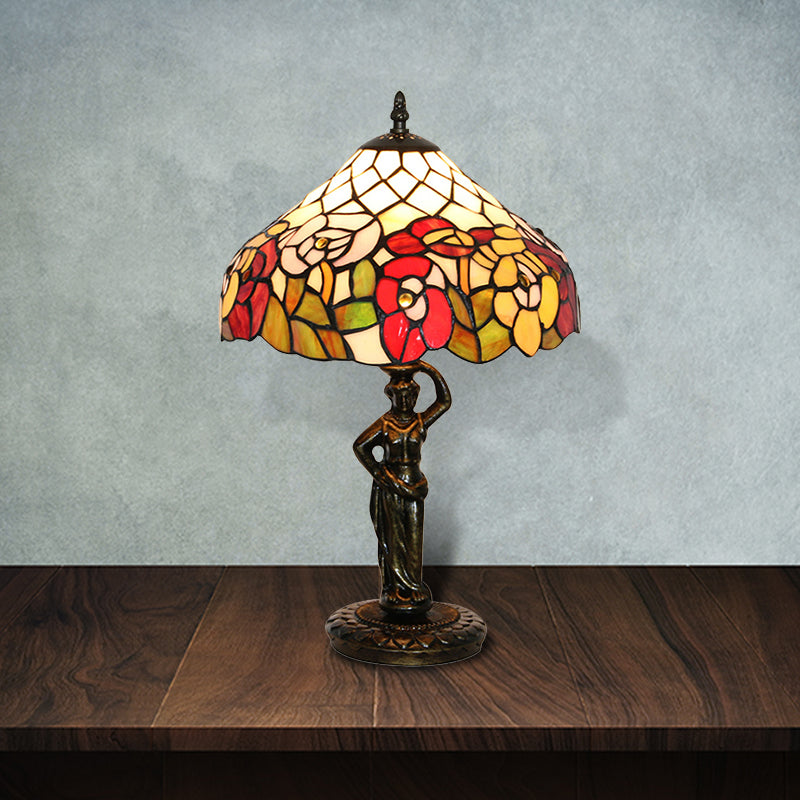 Bird/Grape/Flower Pattern Desk Light with Working Women Base 1 Head Tiffany Rustic Stained Glass Desk Lamp for Bedroom Clearhalo 'Lamps' 'Table Lamps' Lighting' 178809