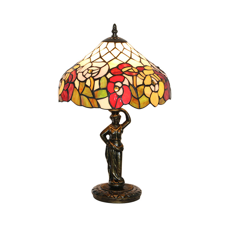 Bird/Grape/Flower Pattern Desk Light with Working Women Base 1 Head Tiffany Rustic Stained Glass Desk Lamp for Bedroom Clearhalo 'Lamps' 'Table Lamps' Lighting' 178810