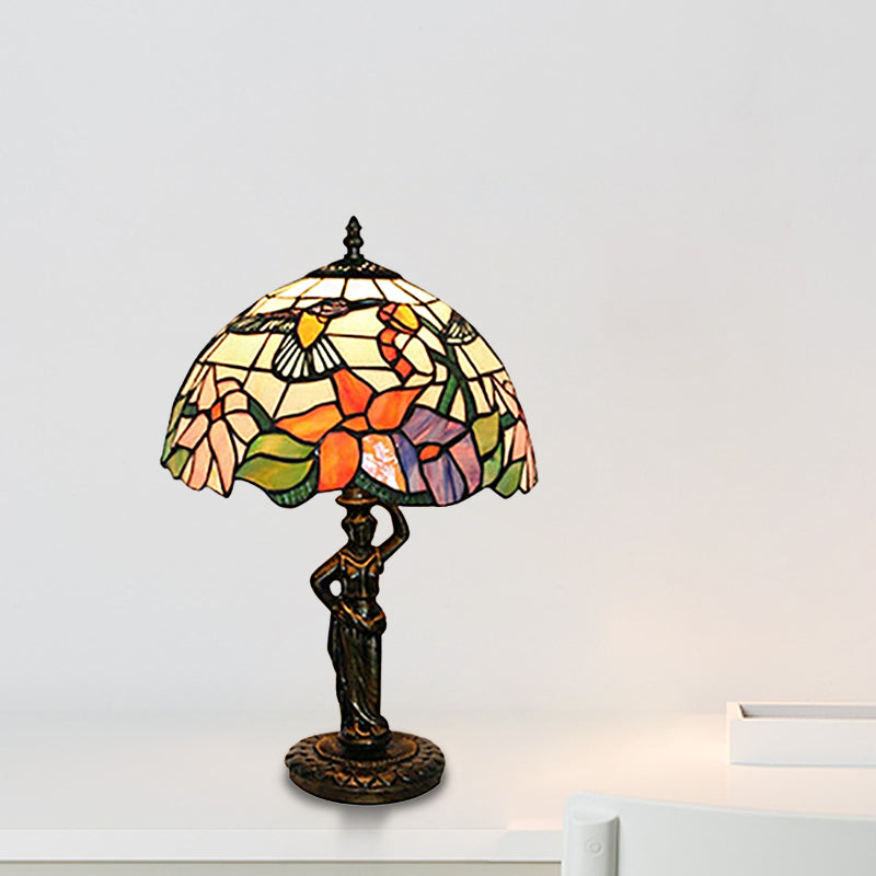 Bird/Grape/Flower Pattern Desk Light with Working Women Base 1 Head Tiffany Rustic Stained Glass Desk Lamp for Bedroom Antique Bronze Bird Clearhalo 'Lamps' 'Table Lamps' Lighting' 178811