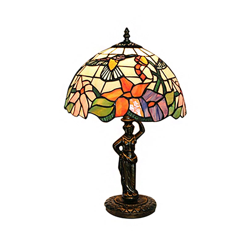 Bird/Grape/Flower Pattern Desk Light with Working Women Base 1 Head Tiffany Rustic Stained Glass Desk Lamp for Bedroom Clearhalo 'Lamps' 'Table Lamps' Lighting' 178812