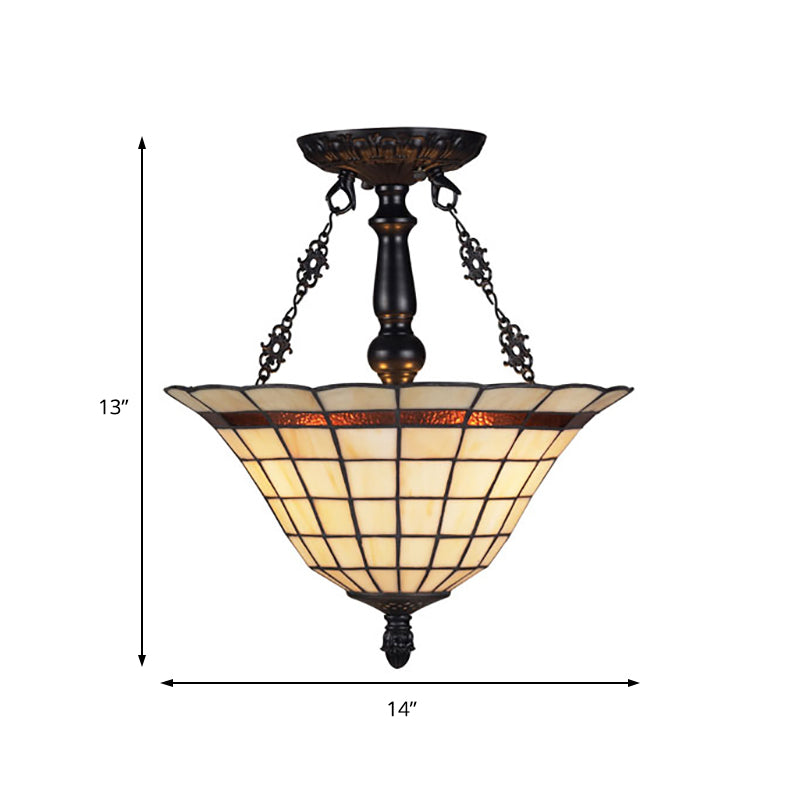 Glass Lattice Bell Chandelier Tiffany Antique Inverted Pendant Light in Beige for Restaurant Clearhalo 'Ceiling Lights' 'Close To Ceiling Lights' 'Close to ceiling' 'Glass shade' 'Glass' 'Semi-flushmount' 'Tiffany close to ceiling' 'Tiffany' Lighting' 178817