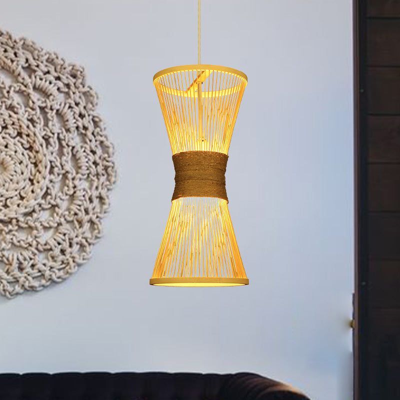 Hourglass Hanging Lamp Asian Style Bamboo Single Bulb Beige Ceiling Pendant Light Clearhalo 'Ceiling Lights' 'Pendant Lights' 'Pendants' Lighting' 1788305