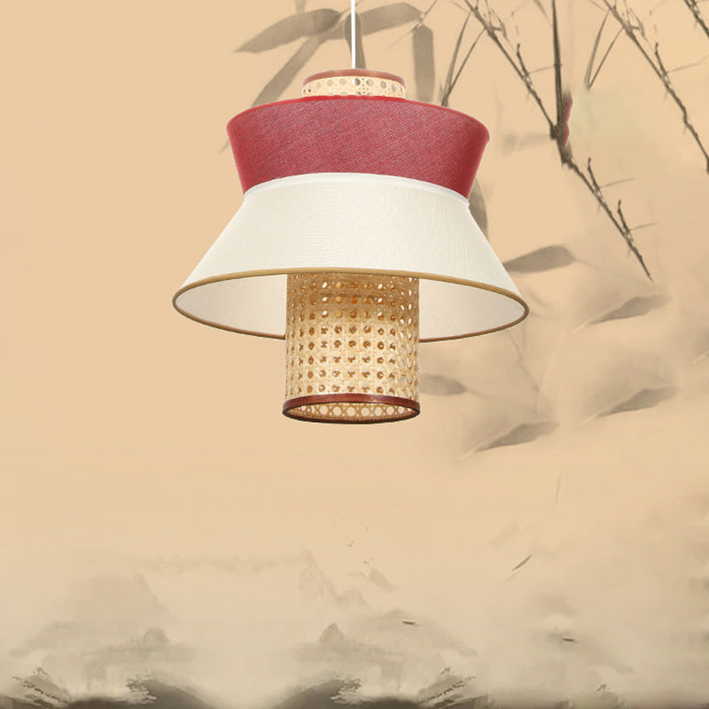 Pink Flared Ceiling Suspension Lamp Asian Style Single Bulb Rattan Hanging Light Kit for Dining Room Clearhalo 'Ceiling Lights' 'Pendant Lights' 'Pendants' Lighting' 1788327