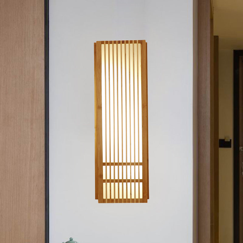 Beige Rectangular Wall Sconce Lighting Asian Style Single Bulb 4"/6" Wide Wooden Wall Mount Lamp for Bedroom Clearhalo 'Wall Lamps & Sconces' 'Wall Lights' Lighting' 1788342