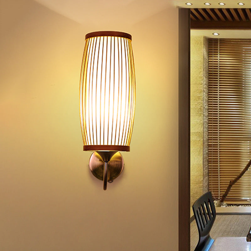 Barrel Sconce Lighting Fixture Asian Style Bamboo Single Head Beige Wall Mount Lamp with Inner Tube Parchment Shade Clearhalo 'Wall Lamps & Sconces' 'Wall Lights' Lighting' 1788361