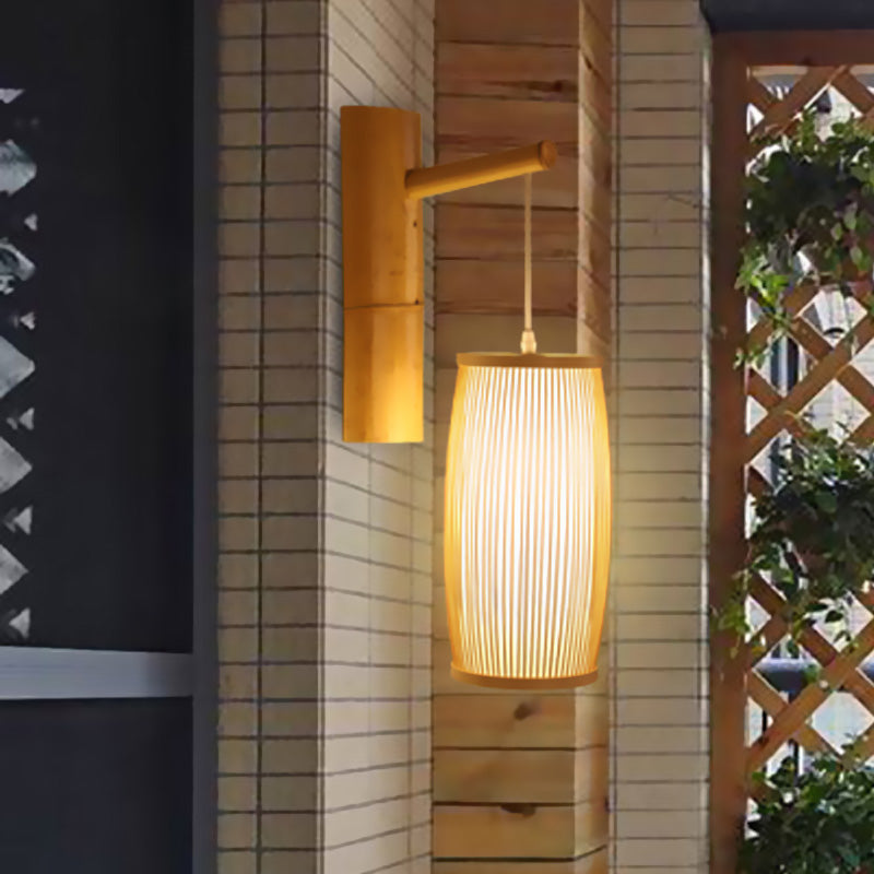 Single Head Hallway Wall Hanging Light Asian Style Wood Wall Mounted Lamp with Basket Bamboo Shade Clearhalo 'Wall Lamps & Sconces' 'Wall Lights' Lighting' 1788366