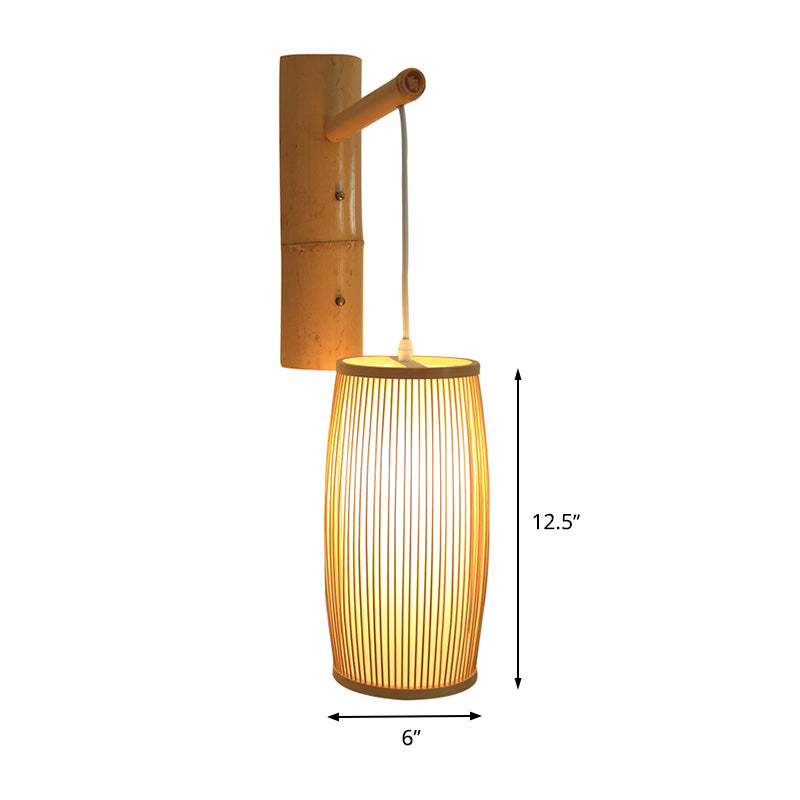 Single Head Hallway Wall Hanging Light Asian Style Wood Wall Mounted Lamp with Basket Bamboo Shade Clearhalo 'Wall Lamps & Sconces' 'Wall Lights' Lighting' 1788370