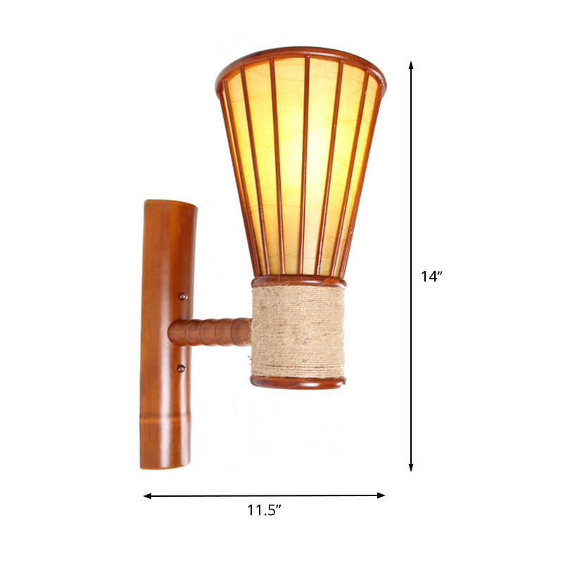 Bamboo Wide Flare Wall Mounted Light Fixture Asian Style Single Head Red Brown Wall Lamp Sconce for Bedroom Clearhalo 'Wall Lamps & Sconces' 'Wall Lights' Lighting' 1788380