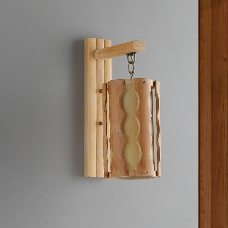 Cylinder Wall Mount Lamp Asian Style Wood Single Head Khaki Sconce Light Fixture for Restaurant Clearhalo 'Wall Lamps & Sconces' 'Wall Lights' Lighting' 1788381