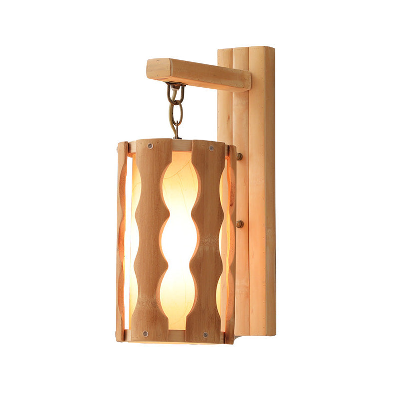 Cylinder Wall Mount Lamp Asian Style Wood Single Head Khaki Sconce Light Fixture for Restaurant Clearhalo 'Wall Lamps & Sconces' 'Wall Lights' Lighting' 1788384