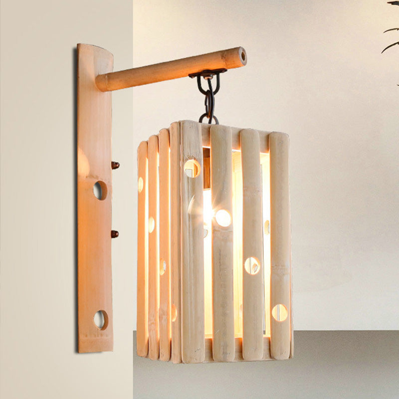 Wood Cuboid Wall Sconce Lighting Fixture Asian Style Single Head Beige Wall Mount Lamp with Hollow out Design for Living Room Wood Clearhalo 'Wall Lamps & Sconces' 'Wall Lights' Lighting' 1788387