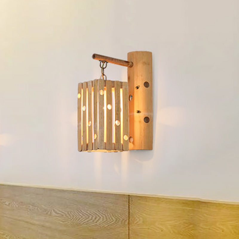 Wood Cuboid Wall Sconce Lighting Fixture Asian Style Single Head Beige Wall Mount Lamp with Hollow out Design for Living Room Clearhalo 'Wall Lamps & Sconces' 'Wall Lights' Lighting' 1788388