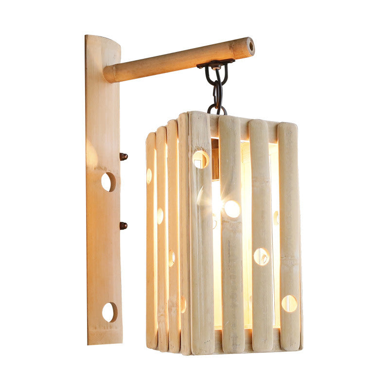 Wood Cuboid Wall Sconce Lighting Fixture Asian Style Single Head Beige Wall Mount Lamp with Hollow out Design for Living Room Clearhalo 'Wall Lamps & Sconces' 'Wall Lights' Lighting' 1788389