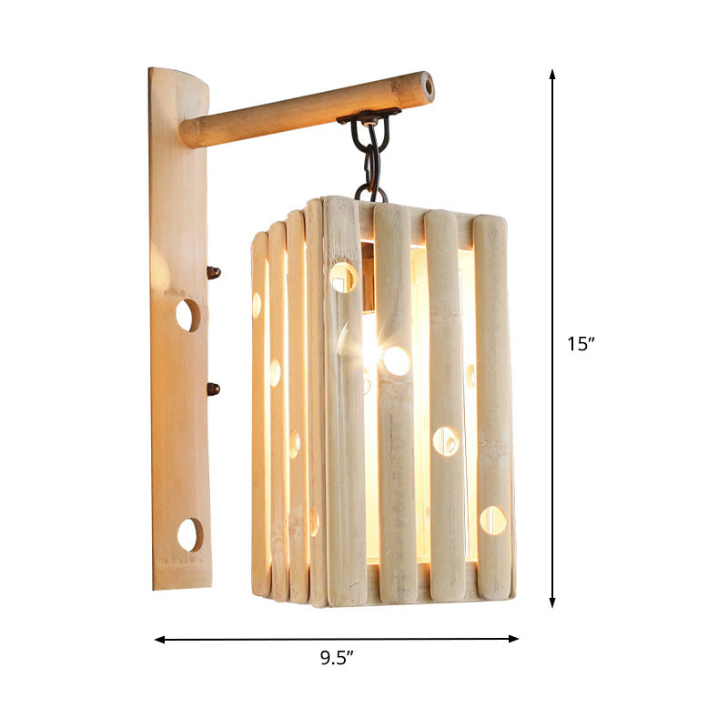 Wood Cuboid Wall Sconce Lighting Fixture Asian Style Single Head Beige Wall Mount Lamp with Hollow out Design for Living Room Clearhalo 'Wall Lamps & Sconces' 'Wall Lights' Lighting' 1788390