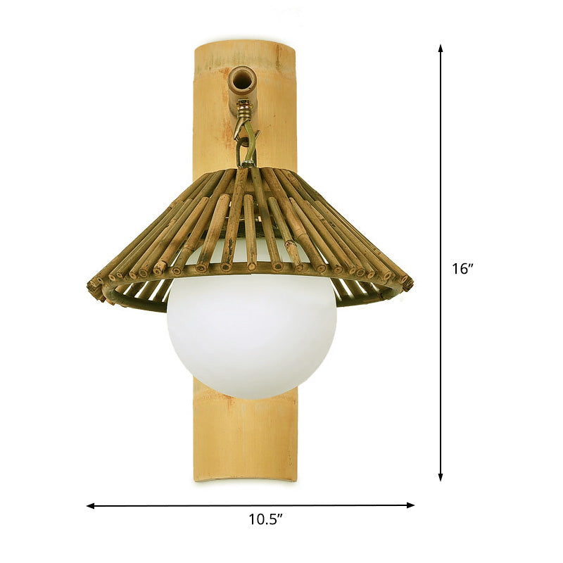 Conical Wall Sconce Lighting Asian Style Bamboo Single Bulb Wood Wall Lamp Fixture with Global White Glass Shade Clearhalo 'Wall Lamps & Sconces' 'Wall Lights' Lighting' 1788395