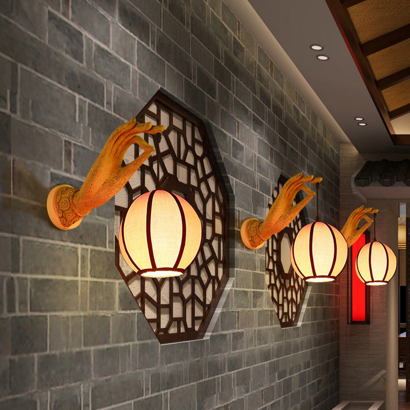 Red Global Wall Light Sconce Asian Style Single Head Fabric Wall Lamp Fixture with Resin Hand Backplate for Restaurant Clearhalo 'Wall Lamps & Sconces' 'Wall Lights' Lighting' 1788401