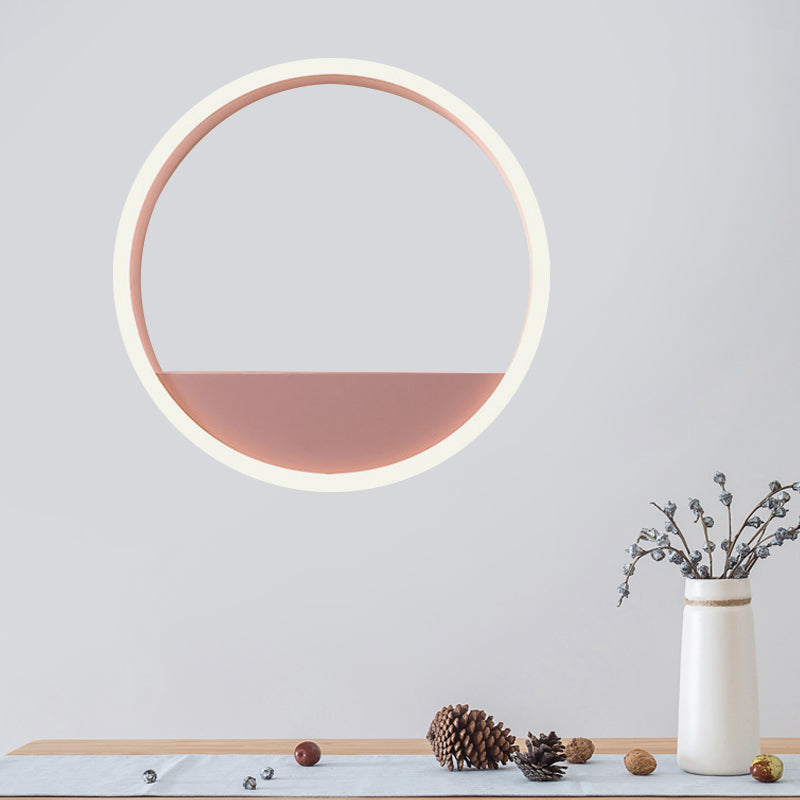 Iron Hoop Flush Mount Wall Light Macaron Pink/Blue 12"/16" Wide LED Sconce Lighting in Warm/White Light with Storage Rack Function Clearhalo 'Modern wall lights' 'Modern' 'Wall Lamps & Sconces' 'Wall Lights' Lighting' 1788453