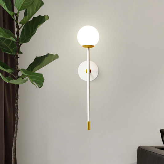 Long Arm Bedside Wall Lamp Kit Milk Frosted Glass Single Simple Sconce Fixture in White-Brass Clearhalo 'Cast Iron' 'Glass' 'Industrial' 'Modern wall lights' 'Modern' 'Tiffany' 'Traditional wall lights' 'Wall Lamps & Sconces' 'Wall Lights' Lighting' 1788562