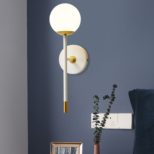 Long Arm Bedside Wall Lamp Kit Milk Frosted Glass Single Simple Sconce Fixture in White-Brass White Clearhalo 'Cast Iron' 'Glass' 'Industrial' 'Modern wall lights' 'Modern' 'Tiffany' 'Traditional wall lights' 'Wall Lamps & Sconces' 'Wall Lights' Lighting' 1788563