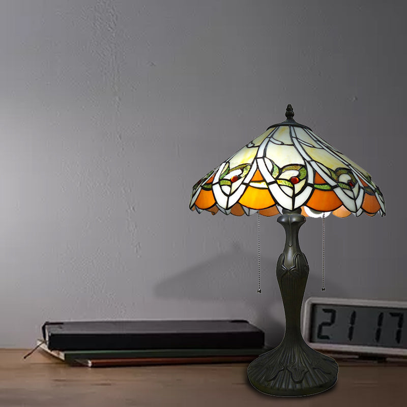 Stained Glass Conical Reading Light 2 Lights Tiffany Antique Desk Lamp in Beige for Living Room Clearhalo 'Lamps' 'Table Lamps' Lighting' 178858