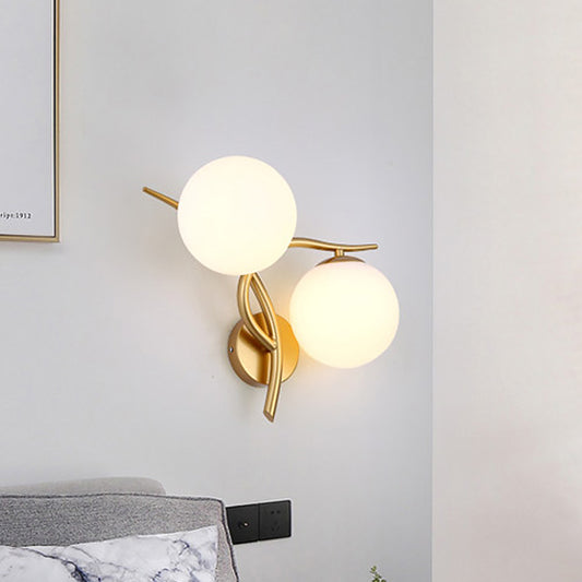 Gold Winding Wall Light Modern 2 Heads Metal Sconce Lighting Fixture with Orb Milk Glass Lampshade Gold Clearhalo 'Cast Iron' 'Glass' 'Industrial' 'Modern wall lights' 'Modern' 'Tiffany' 'Traditional wall lights' 'Wall Lamps & Sconces' 'Wall Lights' Lighting' 1788582