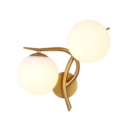 Gold Winding Wall Light Modern 2 Heads Metal Sconce Lighting Fixture with Orb Milk Glass Lampshade Clearhalo 'Cast Iron' 'Glass' 'Industrial' 'Modern wall lights' 'Modern' 'Tiffany' 'Traditional wall lights' 'Wall Lamps & Sconces' 'Wall Lights' Lighting' 1788583