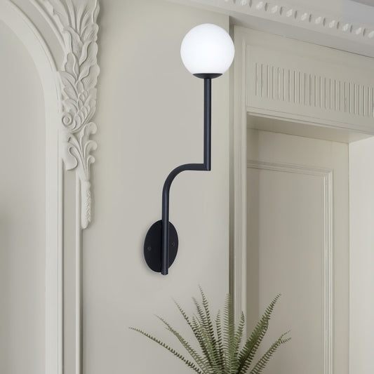 Simple Ball Opal Glass Wall Lamp Single Bulb Sconce Lamp with Long Curved Arm in Black/Gold Black Clearhalo 'Cast Iron' 'Glass' 'Industrial' 'Modern wall lights' 'Modern' 'Tiffany' 'Traditional wall lights' 'Wall Lamps & Sconces' 'Wall Lights' Lighting' 1788592