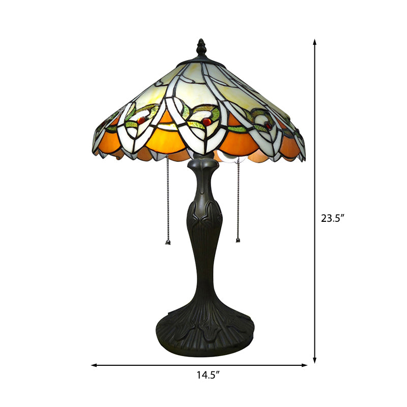 Stained Glass Conical Reading Light 2 Lights Tiffany Antique Desk Lamp in Beige for Living Room Clearhalo 'Lamps' 'Table Lamps' Lighting' 178860