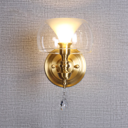 Small Bowl Wall Lighting Ideas Mid Century Clear Glass Single Brass Sconce with Inner Flared Shade and Crystal Droplet Brass Clearhalo 'Cast Iron' 'Glass' 'Industrial' 'Modern wall lights' 'Modern' 'Tiffany' 'Traditional wall lights' 'Wall Lamps & Sconces' 'Wall Lights' Lighting' 1788605