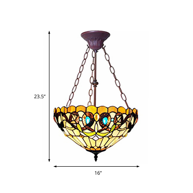 Victoria Design Bedroom Chandelier Stained Glass Tiffany Style Inverted Hanging Light in Yellow Clearhalo 'Ceiling Lights' 'Chandeliers' 'Close To Ceiling Lights' 'Close to ceiling' 'Glass shade' 'Glass' 'Semi-flushmount' 'Tiffany close to ceiling' 'Tiffany' Lighting' 178874