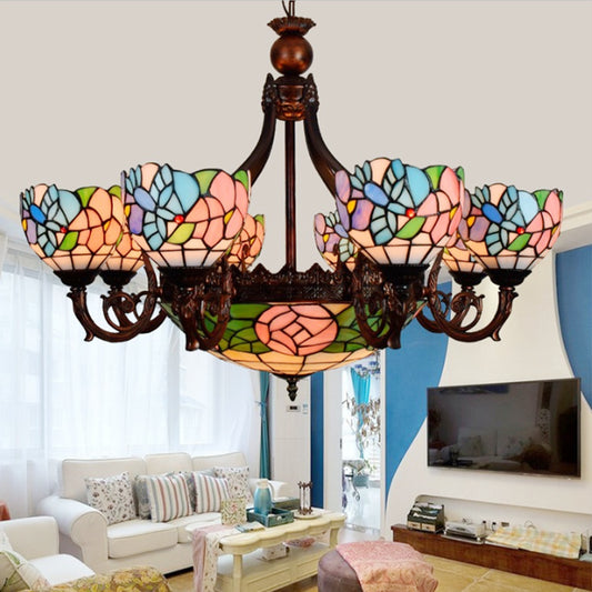 12 Arms Parrot Suspension Light Rustic Stained Glass Chandelier Light with  Center Bowl in Yellow - Clearhalo