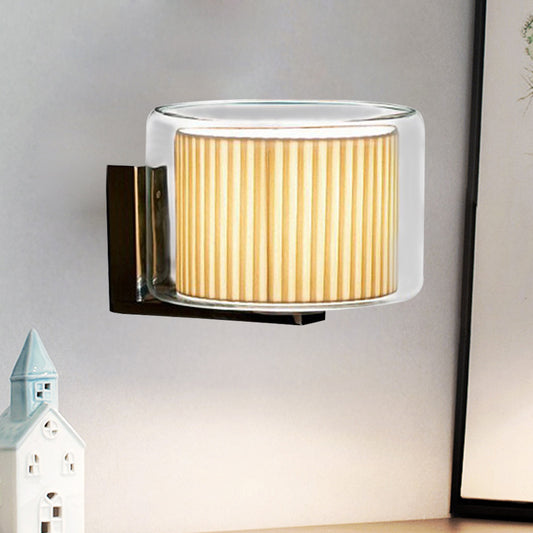Beige Drum Wall Lamp Modernist 1 Head Pleated Fabric Sconce Light Fixture with Exterior Transparent Glass Shade Beige Clearhalo 'Cast Iron' 'Glass' 'Industrial' 'Modern wall lights' 'Modern' 'Tiffany' 'Traditional wall lights' 'Wall Lamps & Sconces' 'Wall Lights' Lighting' 1789071