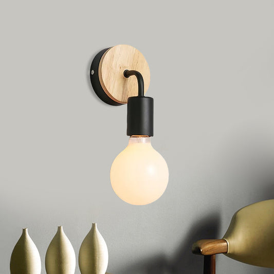 Iron Bend Rotatable Wall Lighting Minimalist 1 Head Black/White-Wood Sconce with Exposed Bulb Design Black Clearhalo 'Modern wall lights' 'Modern' 'Wall Lamps & Sconces' 'Wall Lights' Lighting' 1789081
