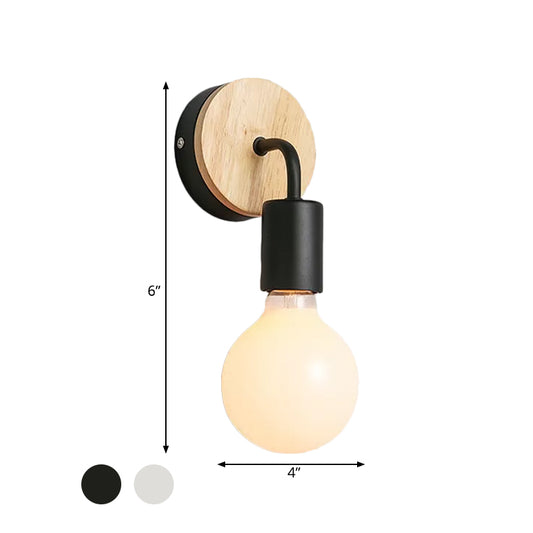 Iron Bend Rotatable Wall Lighting Minimalist 1 Head Black/White-Wood Sconce with Exposed Bulb Design Clearhalo 'Modern wall lights' 'Modern' 'Wall Lamps & Sconces' 'Wall Lights' Lighting' 1789084