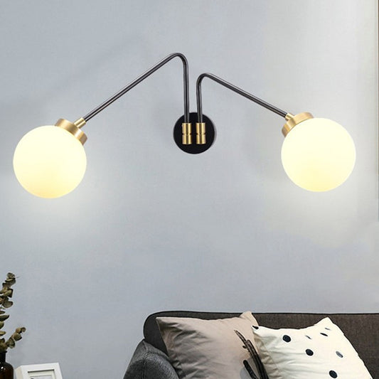 Angled Arm Bedside Wall Mount Light Hand Blown Milk Glass 2 Bulbs Minimalism Sconce Ideas in Black Black Clearhalo 'Cast Iron' 'Glass' 'Industrial' 'Modern wall lights' 'Modern' 'Tiffany' 'Traditional wall lights' 'Wall Lamps & Sconces' 'Wall Lights' Lighting' 1789090