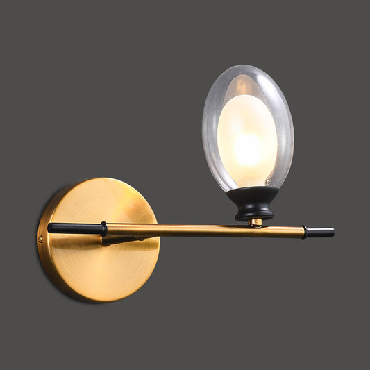 Brass Straight Rod Wall Lamp Mid Century 1 Head Metal Sconce Ideas with Dual Oval Clear/Amber Glass Shade Clearhalo 'Cast Iron' 'Glass' 'Industrial' 'Modern wall lights' 'Modern' 'Tiffany' 'Traditional wall lights' 'Wall Lamps & Sconces' 'Wall Lights' Lighting' 1789126