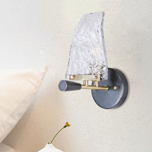 Textured Glass Sail Ship Wall Light Minimalist Novelty 1 Bulb Black Sconce Fixture for Bedroom Black Clearhalo 'Cast Iron' 'Glass' 'Industrial' 'Modern wall lights' 'Modern' 'Tiffany' 'Traditional wall lights' 'Wall Lamps & Sconces' 'Wall Lights' Lighting' 1789128