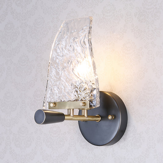 Textured Glass Sail Ship Wall Light Minimalist Novelty 1 Bulb Black Sconce Fixture for Bedroom Clearhalo 'Cast Iron' 'Glass' 'Industrial' 'Modern wall lights' 'Modern' 'Tiffany' 'Traditional wall lights' 'Wall Lamps & Sconces' 'Wall Lights' Lighting' 1789130