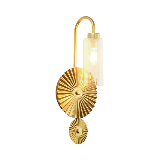 Brass Gooseneck Wall Mounted Lamp Mid Century 1 Head Iron Sconce Lighting with Clear/Amber Glass Shade and Scallop Backplate Clearhalo 'Cast Iron' 'Glass' 'Industrial' 'Modern wall lights' 'Modern' 'Tiffany' 'Traditional wall lights' 'Wall Lamps & Sconces' 'Wall Lights' Lighting' 1789154