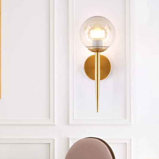 Mini Sphere Living Room Wall Lamp Clear Glass 1 Light Minimalism Sconce Ideas with Pencil Arm in Black/Gold Gold Clearhalo 'Cast Iron' 'Glass' 'Industrial' 'Modern wall lights' 'Modern' 'Tiffany' 'Traditional wall lights' 'Wall Lamps & Sconces' 'Wall Lights' Lighting' 1789205