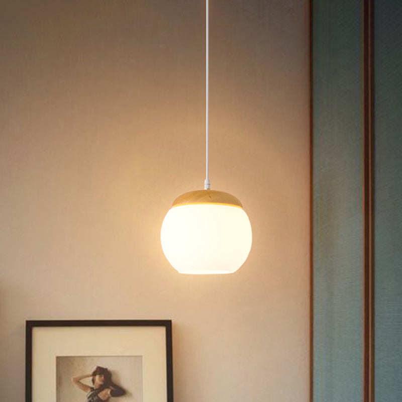 Sphere Hanging Light Fixture Simple Milky Glass 1-Head Wood Drop Pendant for Bedside Wood Clearhalo 'Ceiling Lights' 'Close To Ceiling Lights' 'Glass shade' 'Glass' 'Modern Pendants' 'Modern' 'Pendant Lights' 'Pendants' Lighting' 1789290