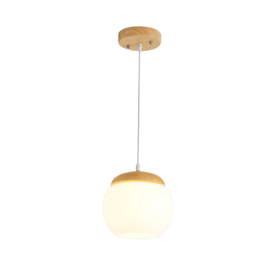 Sphere Hanging Light Fixture Simple Milky Glass 1-Head Wood Drop Pendant for Bedside Clearhalo 'Ceiling Lights' 'Close To Ceiling Lights' 'Glass shade' 'Glass' 'Modern Pendants' 'Modern' 'Pendant Lights' 'Pendants' Lighting' 1789291