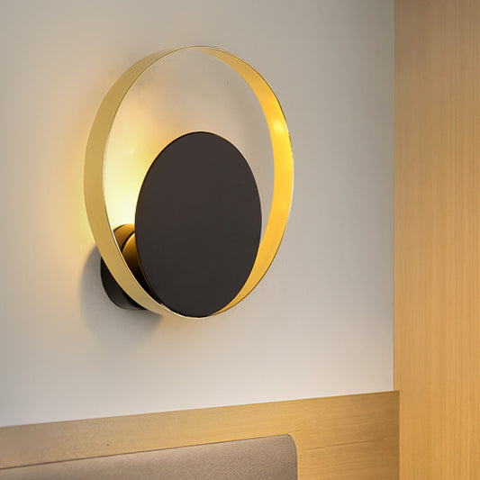 Mid Century Circle Sconce Light Iron 1 Head Hotel Wall Mounted Lighting Fixture in Black-Gold Black-Gold Clearhalo 'Cast Iron' 'Glass' 'Industrial' 'Modern wall lights' 'Modern' 'Tiffany' 'Traditional wall lights' 'Wall Lamps & Sconces' 'Wall Lights' Lighting' 1789434