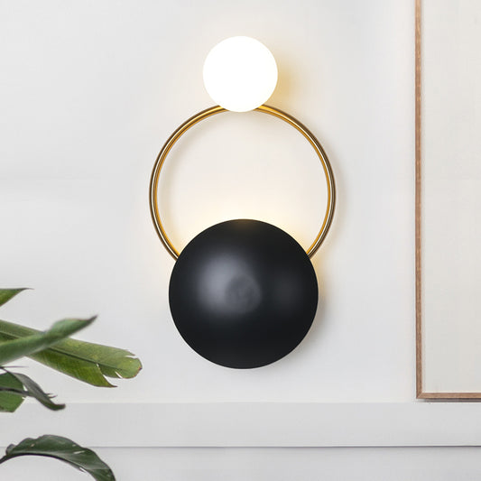 Postmodern Orbital Flush Mount Iron 2-Light Parlor Wall Sconce Light in Black-Gold with Orb Opal Glass Shade Black-Gold Clearhalo 'Cast Iron' 'Glass' 'Industrial' 'Modern wall lights' 'Modern' 'Tiffany' 'Traditional wall lights' 'Wall Lamps & Sconces' 'Wall Lights' Lighting' 1789439
