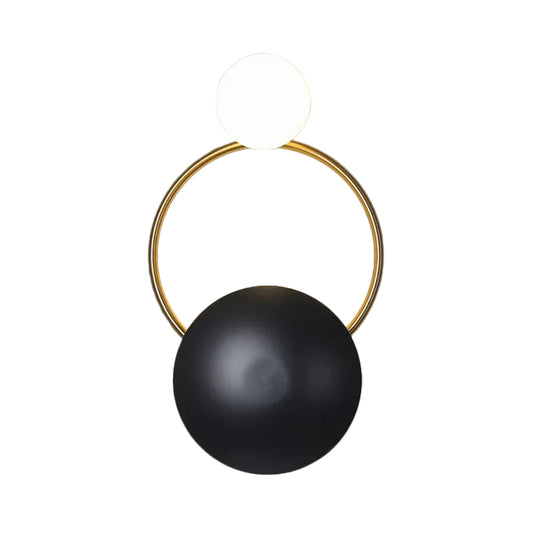 Postmodern Orbital Flush Mount Iron 2-Light Parlor Wall Sconce Light in Black-Gold with Orb Opal Glass Shade Clearhalo 'Cast Iron' 'Glass' 'Industrial' 'Modern wall lights' 'Modern' 'Tiffany' 'Traditional wall lights' 'Wall Lamps & Sconces' 'Wall Lights' Lighting' 1789441