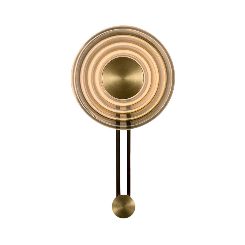 Oriental Gong Bell Flush Wall Sconce Vintage Rippled Glass Single Lounge Wall Mounted Fixture in Antiqued Gold Clearhalo 'Wall Lamps & Sconces' 'Wall Lights' Lighting' 1789446